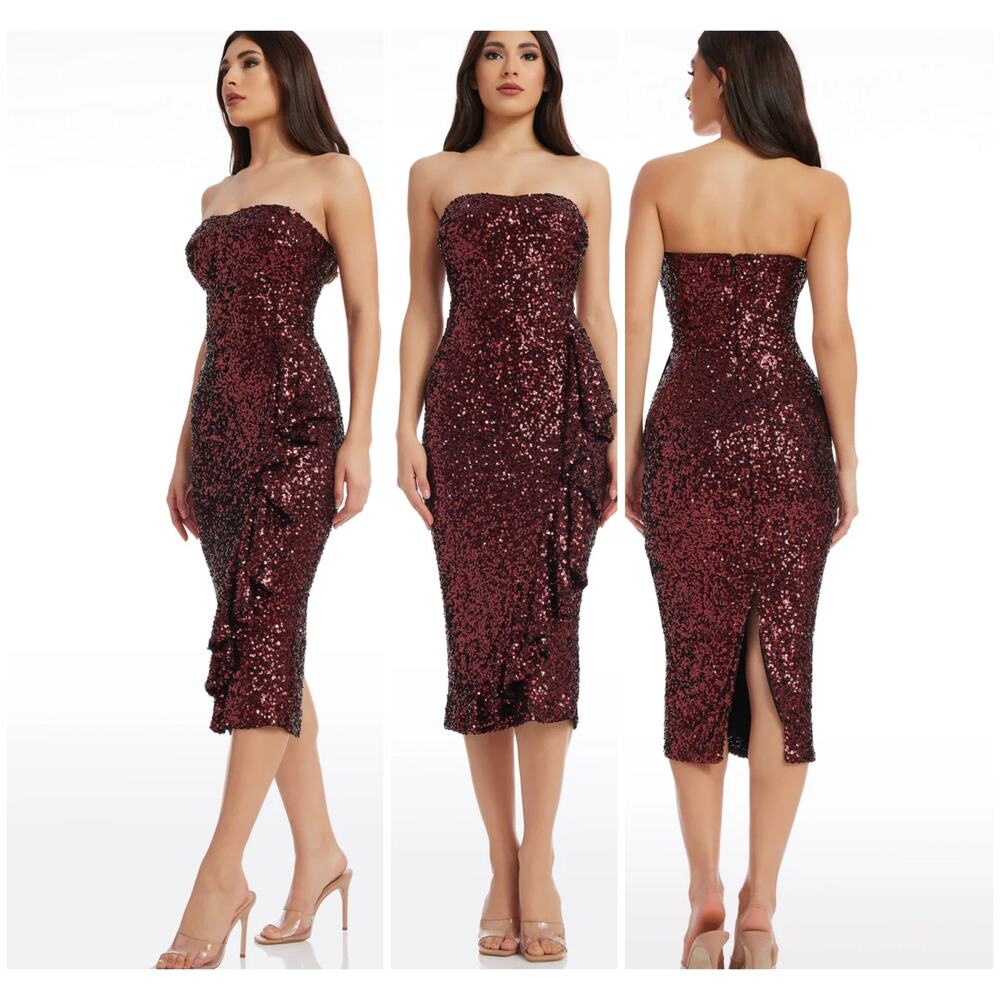 Dress The Population NWOT Alexis Port Red Sequin Dress Size S Strapless Bustier